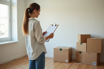 Femme tenant une checklist de déménagement dans un appartement vide avec des cartons empilés