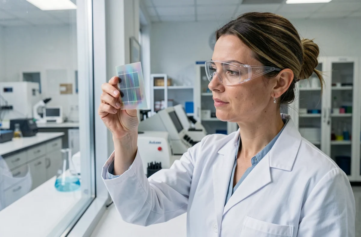 Chercheuse en laboratoire analysant une cellule solaire nouvelle génération à couche mince