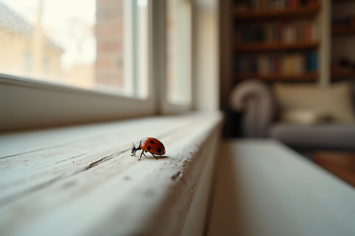 Coccinelle traversant un rebord de fenêtre blanc à l'intérieur d'une maison, signe spirituel et symbolique du chemin de vie