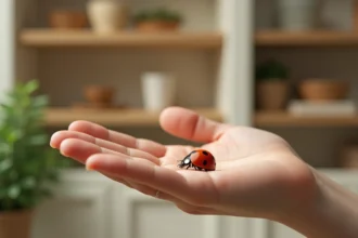 Coccinelle rouge posée sur une main ouverte à l'intérieur d'une maison, symbole de chance et de signe de l'univers