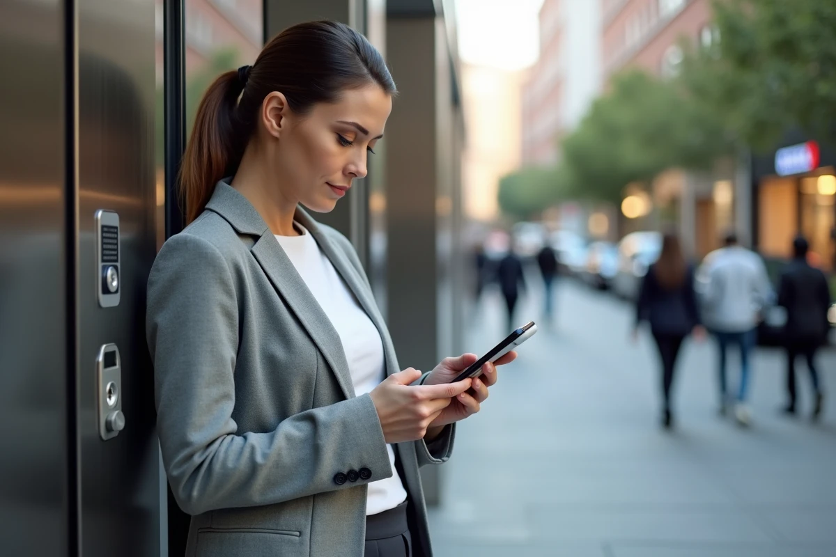 Femme utilisant son smartphone pour ouvrir un coffre à clé connecté à l'entrée d'un immeuble