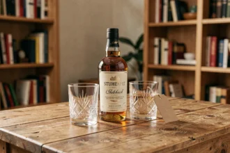Coffret cadeau whisky pas cher avec bouteille et verres en cristal sur une table en bois rustique