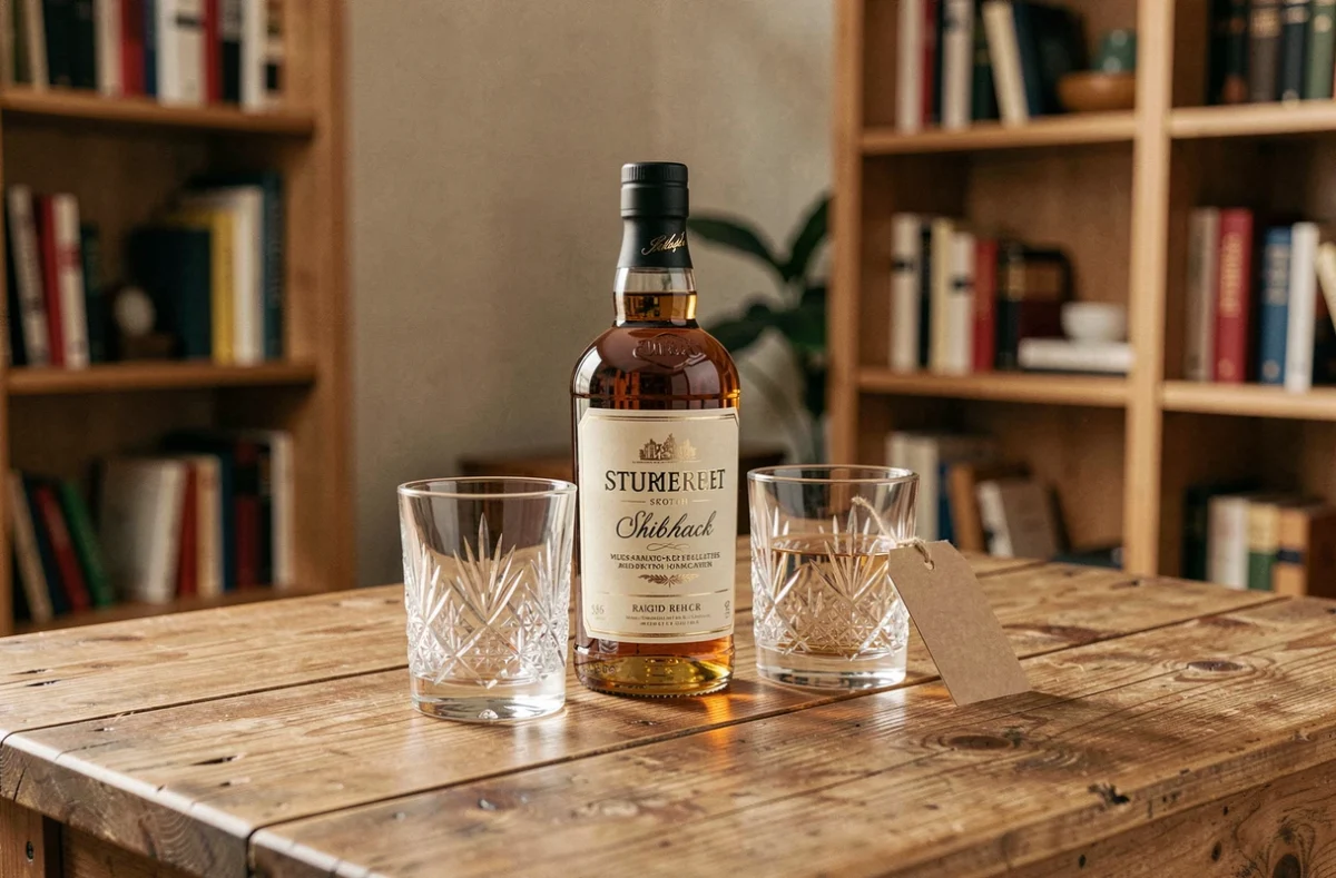 Coffret cadeau whisky pas cher avec bouteille et verres en cristal sur une table en bois rustique