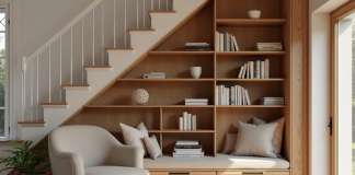 Coin lecture cosy sous l'escalier avec bibliothèque intégrée
