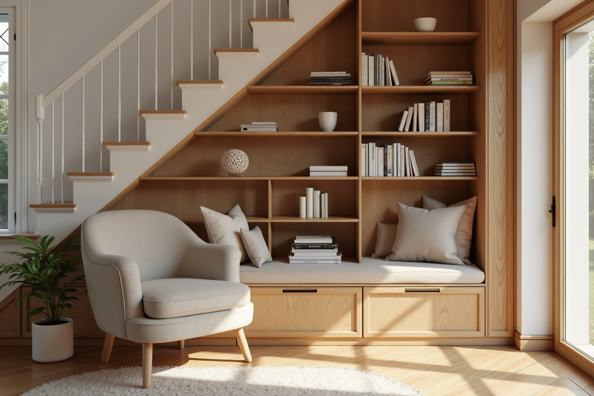 Coin lecture cosy sous l'escalier avec bibliothèque intégrée
