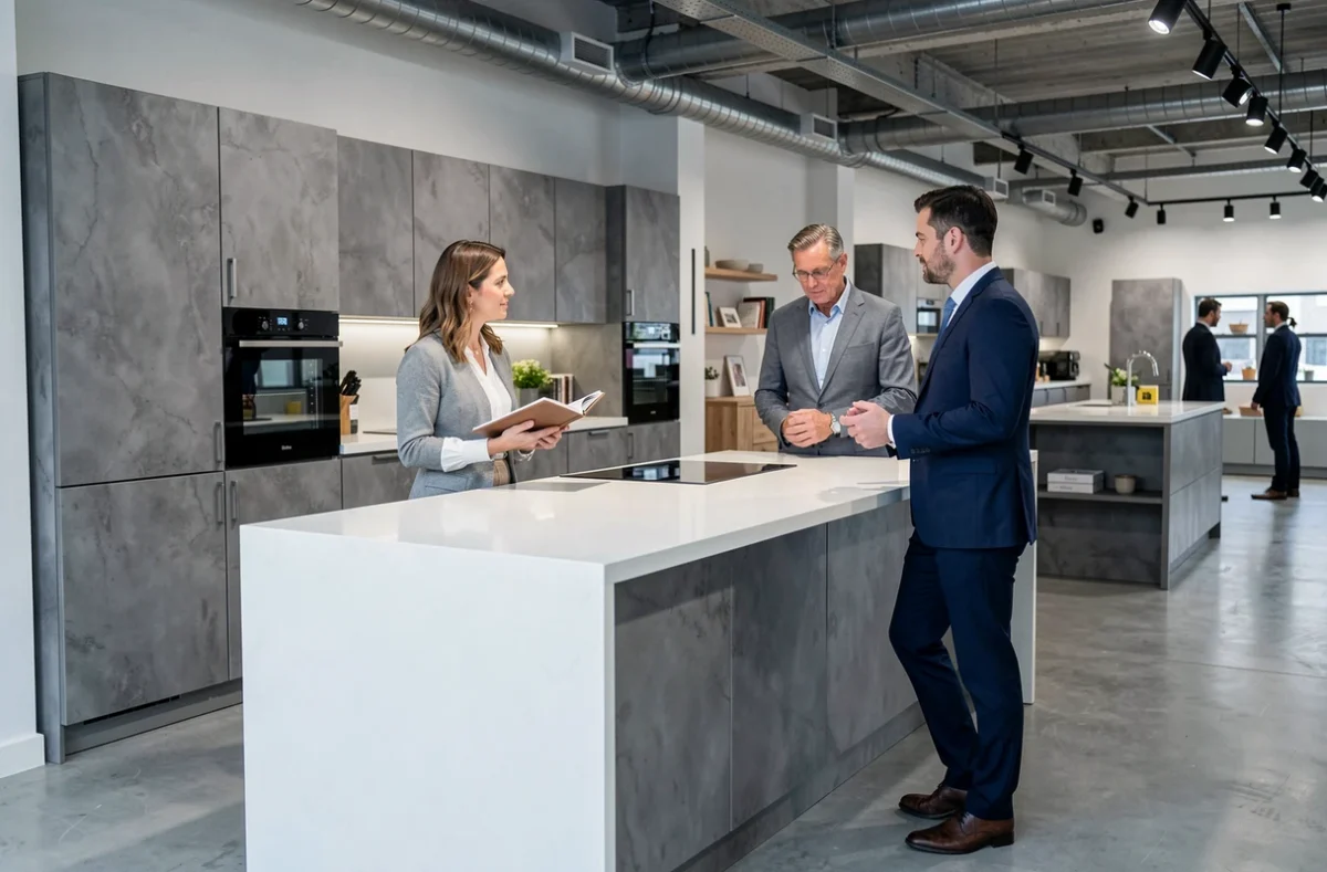 Cuisine Comera à Brive-la-Gaillarde, modèle gris effet béton avec îlot en Corian blanc