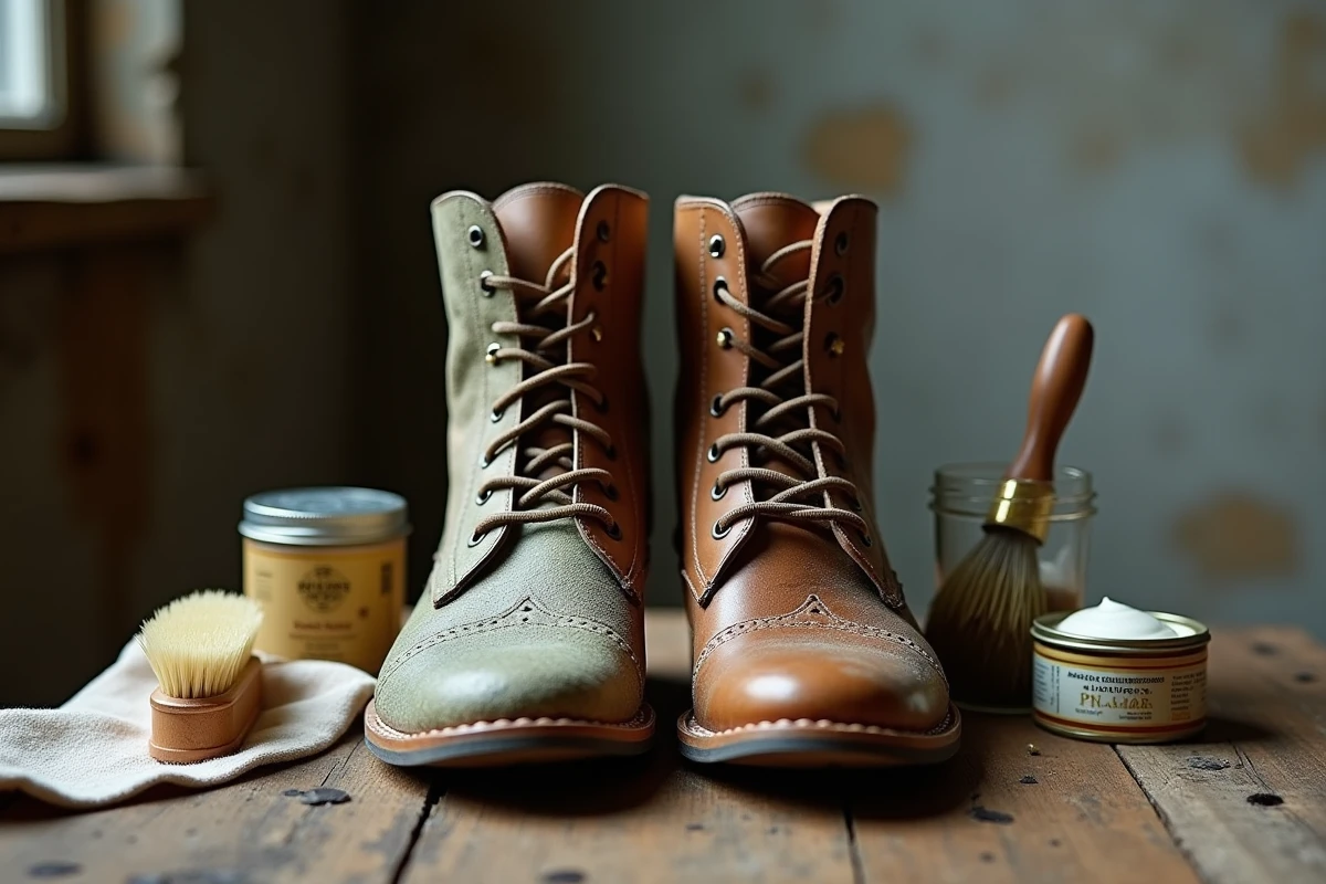 Comparaison de deux bottes en cuir côte à côte, l'une moisie et l'autre restaurée, avec des produits de nettoyage sur une surface en bois