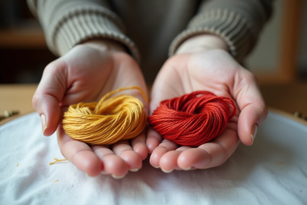Comparaison de fils à broder bas de gamme et premium tenus dans les mains au-dessus d'un tissu de broderie