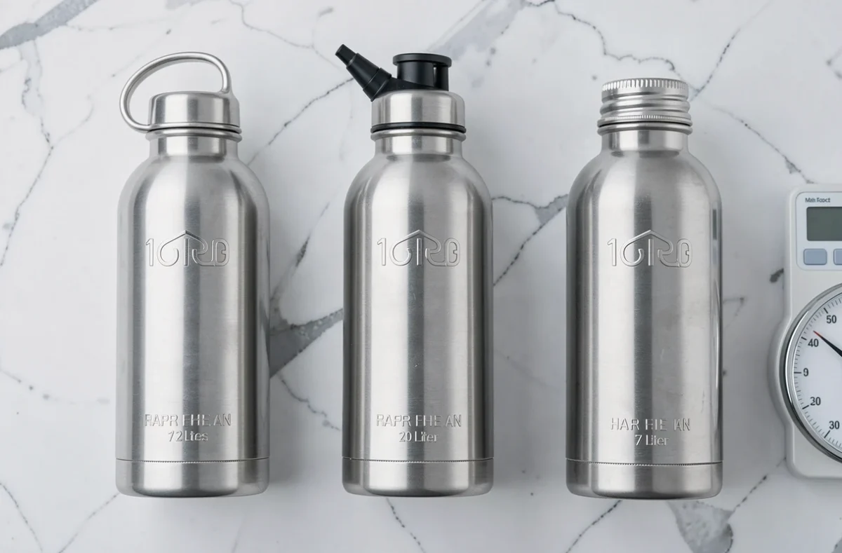 Comparaison de trois gourdes inox 1 litre avec différents types de bouchons posées sur une surface en marbre blanc avec une balance