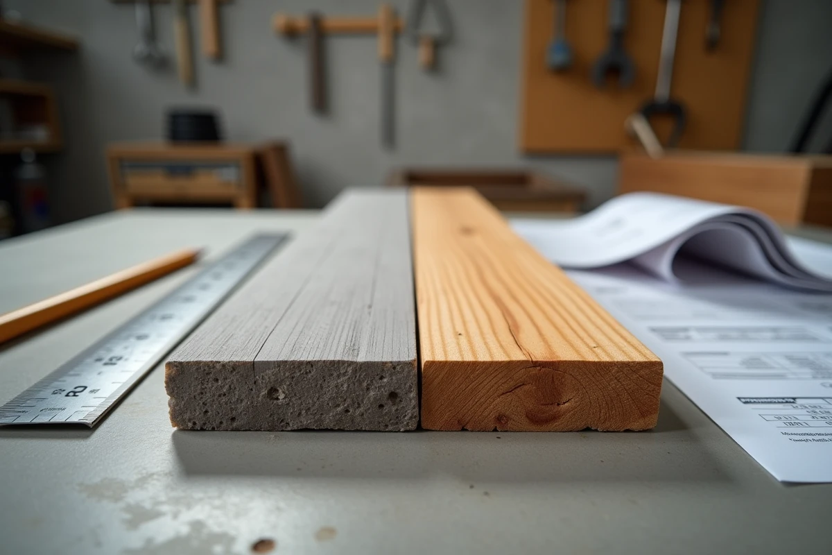 Comparaison côte à côte d'une solive en bois composite gris et d'une lambourde en bois naturel douglas sur un établi d'atelier