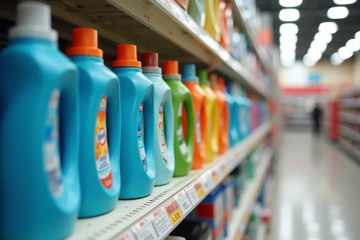 Comparaison de bouteilles de lessive liquide de différentes marques sur un rayon de supermarché