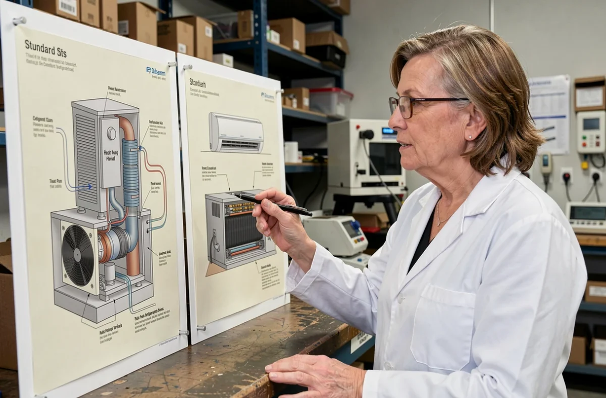 Technicienne expliquant les différences entre pompe à chaleur et climatisation sur des schémas techniques