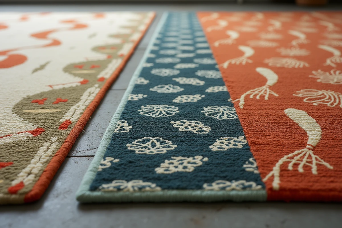 Comparaison de trois tapis japonisants aux motifs et qualités différents exposés côte à côte dans un showroom