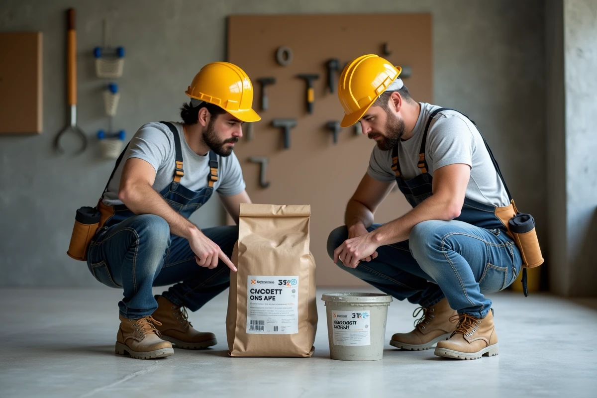 Deux maçons comparant un sac de béton 35 kg et du béton prêt à l'emploi pour choisir le meilleur dosage