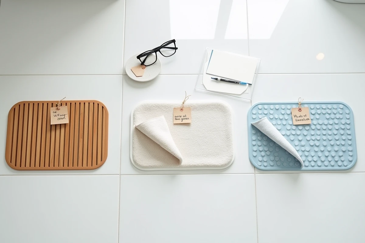 Comparaison de trois tapis de bain antidérapants aux textures différentes posés sur le sol d'une salle de bain