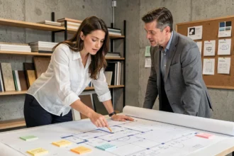 Architecte et designer en réunion de conception autour de plans d'aménagement intégrant la communication intérieure dans des locaux professionnels