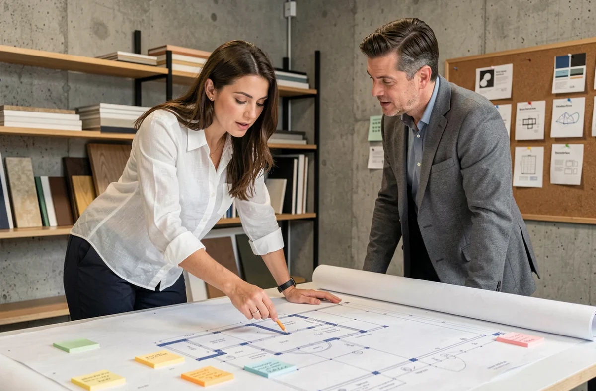 Architecte et designer en réunion de conception autour de plans d'aménagement intégrant la communication intérieure dans des locaux professionnels