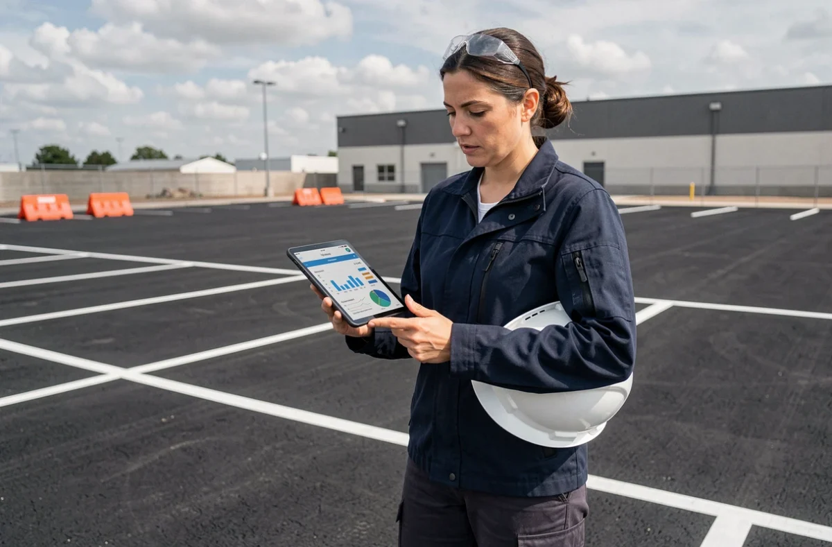 Conductrice de travaux consultant un devis de coût d'enrobé au m2 sur tablette dans un parking neuf