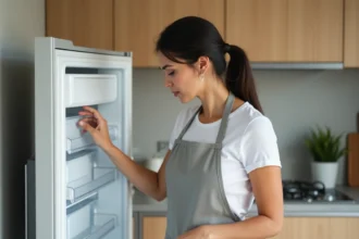 Femme inquiète inspectant l'intérieur d'un congélateur ouvert dans une cuisine moderne, évaluant l'état des aliments après une panne de courant