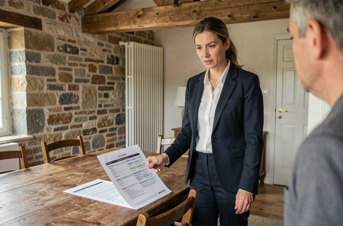 Conseillère en rénovation énergétique présentant un audit thermique avant l'installation d'une pompe à chaleur dans une maison ancienne