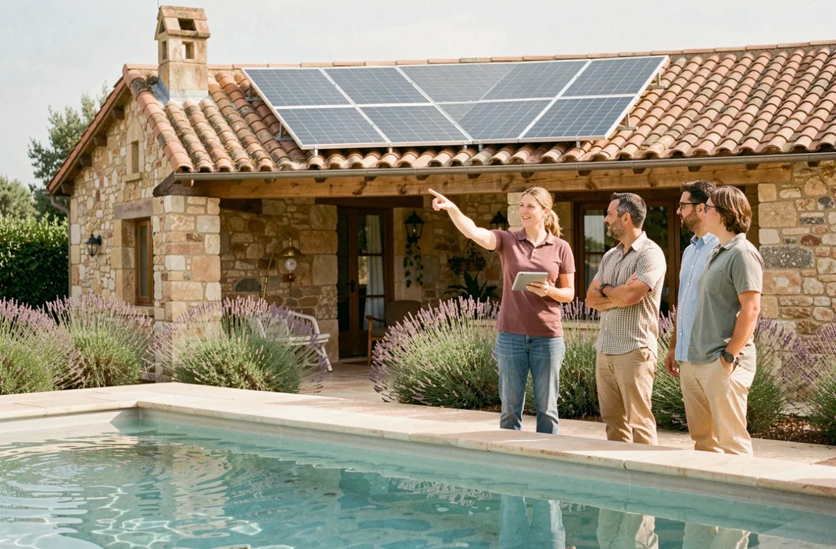 Conseillère en énergie solaire expliquant le dimensionnement d'un kit piscine à des propriétaires devant un pool house équipé de panneaux photovoltaïques