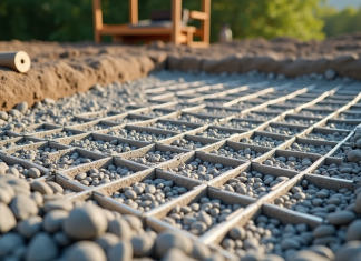 Vue rapprochée d'une couche de gravier bien nivelée sous une grille en béton pour la piscine