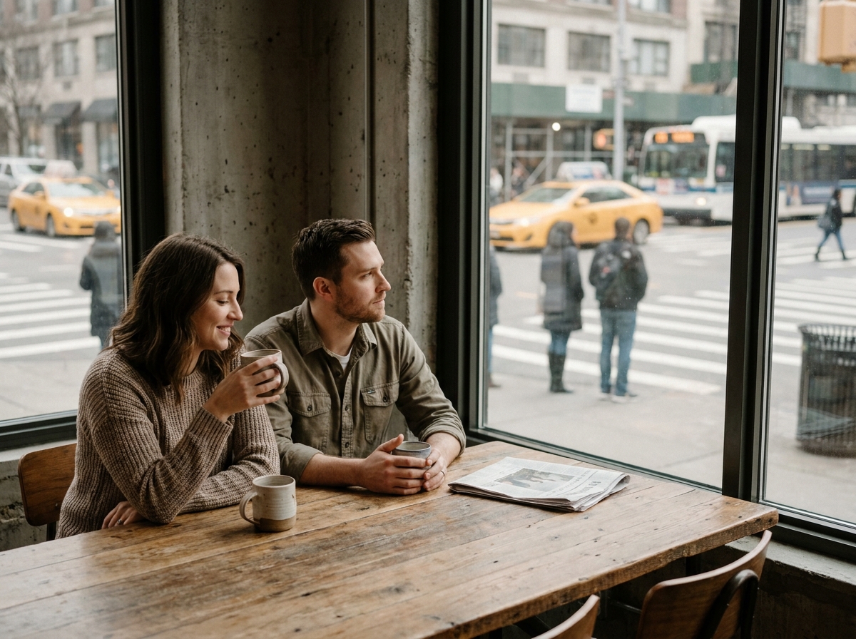 Couple prenant le café près d'une grande fenêtre moderne dans un appartement urbain, illustrant l'isolation phonique efficace face au bruit de la rue