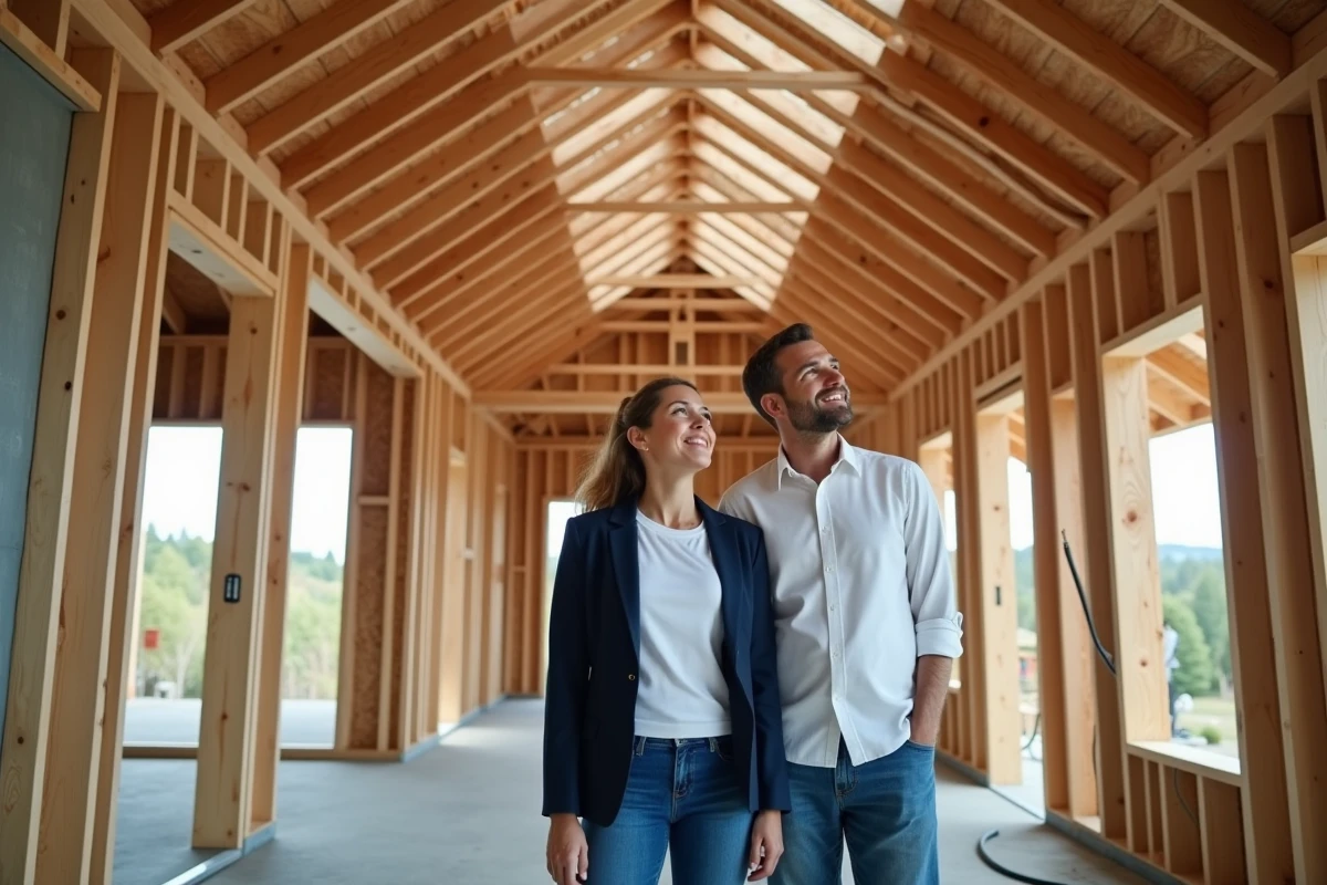 Couple visitant le chantier de leur future maison en cours de construction avec charpente en bois apparente