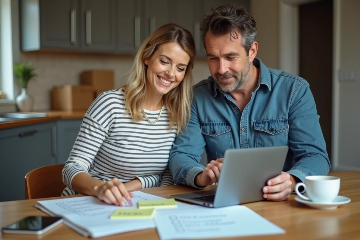 Couple consultant une checklist de déménagement sur ordinateur portable dans leur nouvelle cuisine