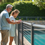 Barrière de piscine : Comment choisir le modèle adapté à vos besoins ? Couple avec enfant près d'une clôture de piscine sécurisée