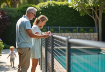 Couple avec enfant près d'une clôture de piscine sécurisée