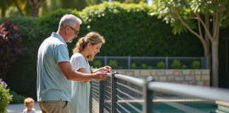Barrière de piscine : Comment choisir le modèle adapté à vos besoins ? Couple avec enfant près d'une clôture de piscine sécurisée