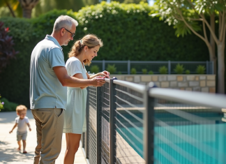 Barrière de piscine : Comment choisir le modèle adapté à vos besoins ? Couple avec enfant près d'une clôture de piscine sécurisée