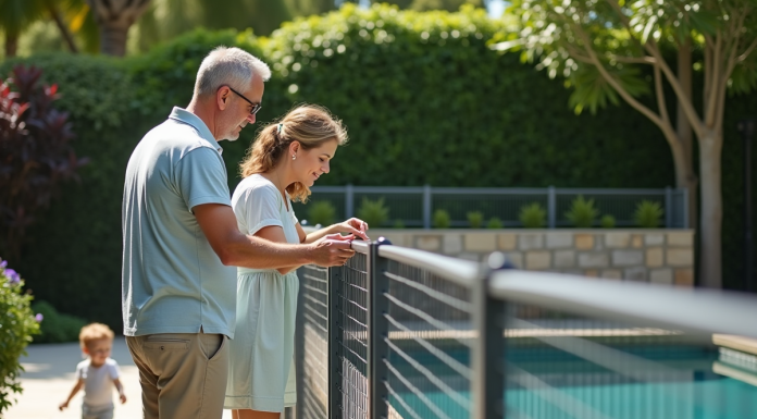 Barrière de piscine : Comment choisir le modèle adapté à vos besoins ? Couple avec enfant près d'une clôture de piscine sécurisée