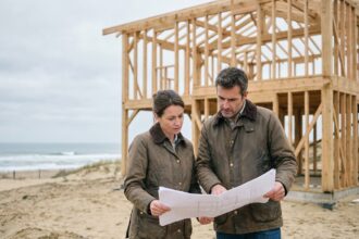 Couple examinant les plans de leur future maison en bois en construction près de Royan, Charente-Maritime