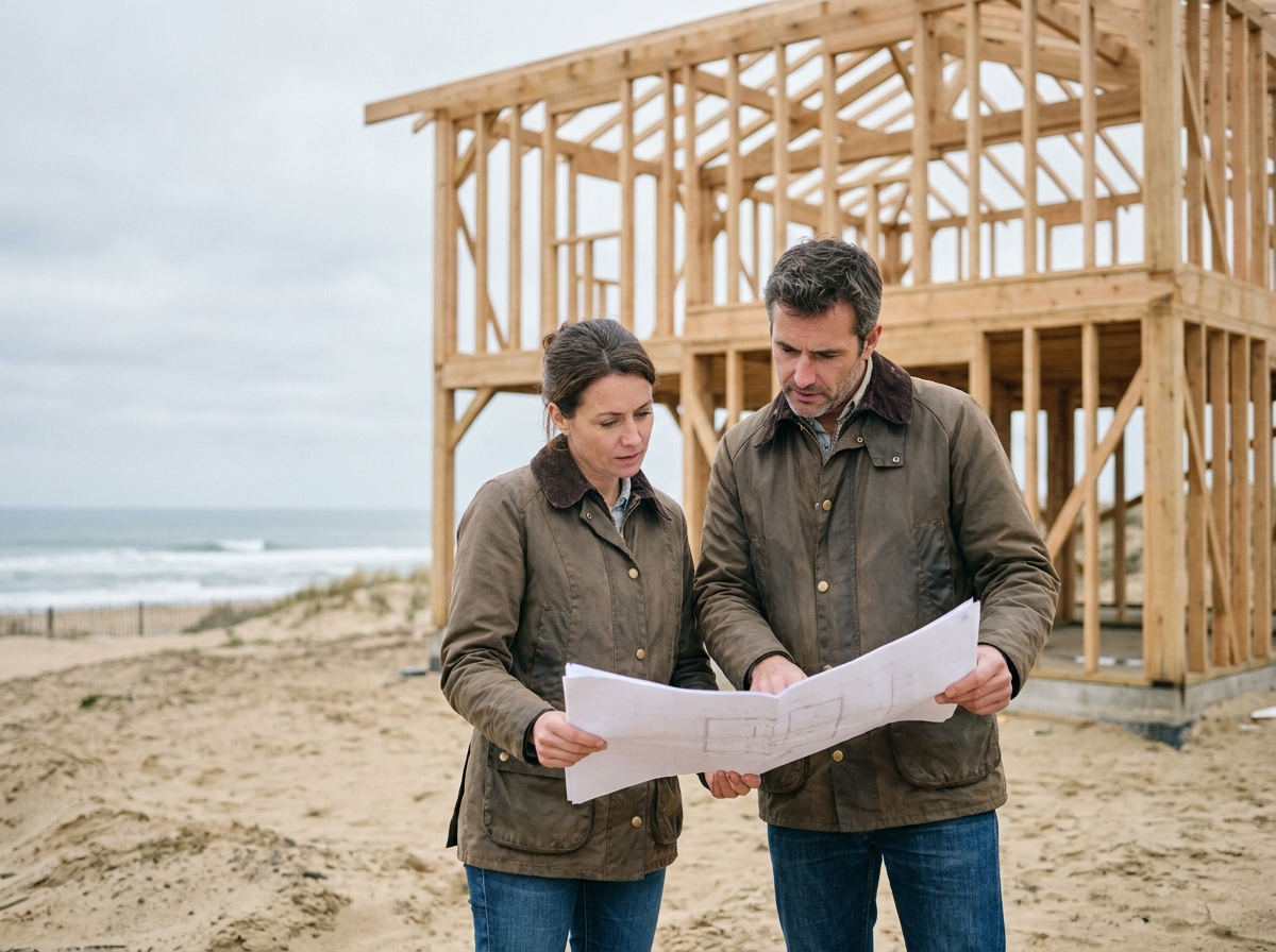 Couple examinant les plans de leur future maison en bois en construction près de Royan, Charente-Maritime