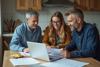 Couple avec professionnel en rénovation maison