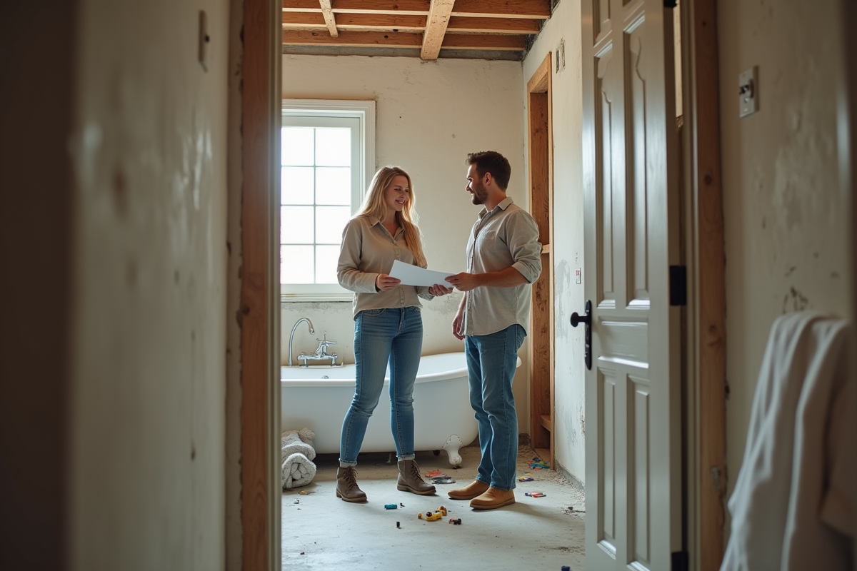 Jeune couple discutant dans une salle de bain en rénovation