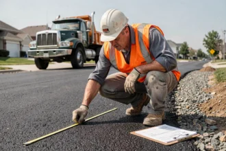 Ouvrier mesurant le coût d'enrobé au m2 sur un chantier de voirie avec un devis posé sur une planchette