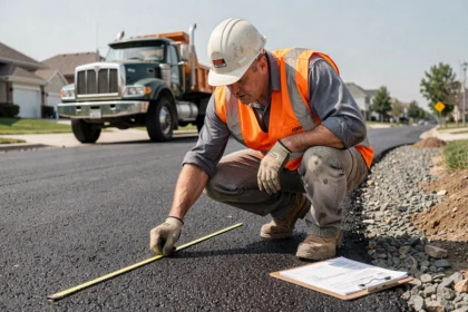 Ouvrier mesurant le coût d'enrobé au m2 sur un chantier de voirie avec un devis posé sur une planchette