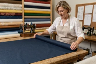Couturière professionnelle déroulant un rouleau de tissu grande largeur sur une table de coupe en bois dans un atelier de couture organisé