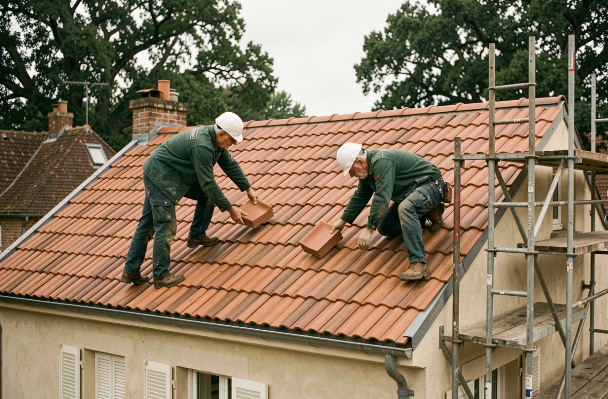 Deux couvreurs posant des tuiles en terre cuite sur la toiture d'une maison résidentielle de 100m2