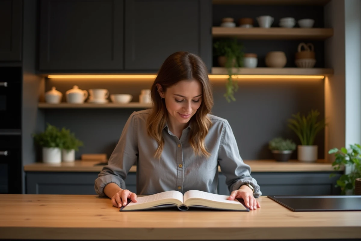 Femme dans une cuisine moderne avec îlot en chêne clair sous des spots LED blanc chaud encastrés au plafond noir
