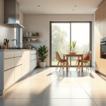 Cuisine moderne avec fenêtres grandes et sol en vinyle hygiénique