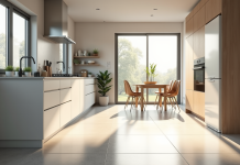 Cuisine moderne avec fenêtres grandes et sol en vinyle hygiénique
