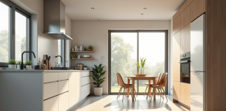 Cuisine moderne avec fenêtres grandes et sol en vinyle hygiénique