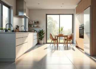 Cuisine moderne avec fenêtres grandes et sol en vinyle hygiénique