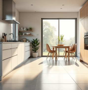 Cuisine moderne avec fenêtres grandes et sol en vinyle hygiénique