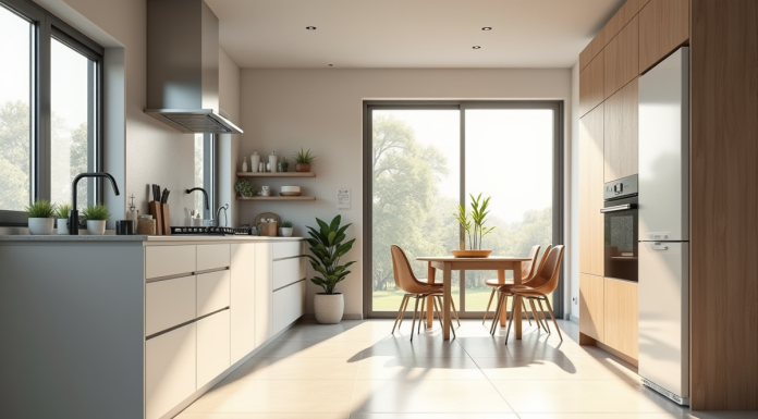 Cuisine moderne avec fenêtres grandes et sol en vinyle hygiénique