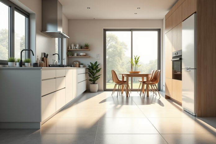 cuisinemodernefenetressoleil Cuisine moderne avec fenêtres grandes et sol en vinyle hygiénique